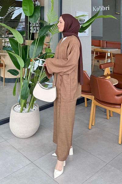 lamelif Δέσιμο Λεπτομερές κοστούμι Hijab Kimono Bitter Brown