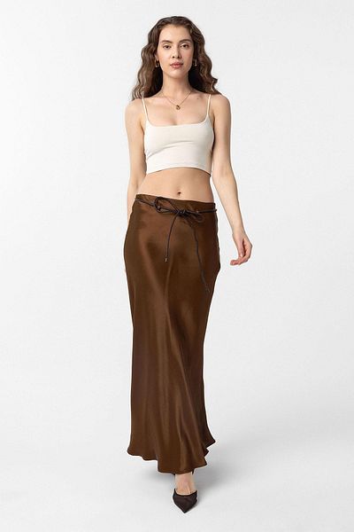 Antioch Brown Belted Satin Long Women's Skirt