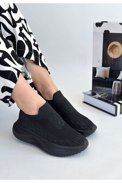 pabucmarketi Black Knitwear Bead Embroidered Women's Sports Shoes