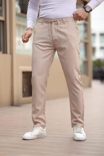 Afri Striped Fabric Beige Jogger Pants