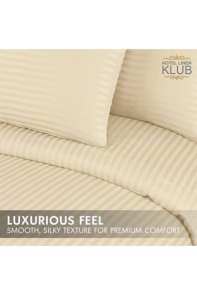 Hotel Linen Klub 3-Piece Duvet Cover Set, 100% Cotton Stripe Sateen Fabric, Cream