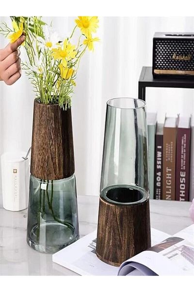 Generic Decorative Glass Vase - Made of Glass and Wood - Decorative Autumn Living Room Gift for Women