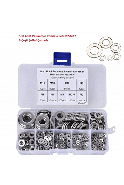 Hatfon Elektronik 580 Adet Paslanmaz Rondela Seti M2-M12 9 Çeşit Şeffaf Çantada