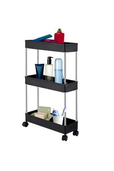 Quasar & Co. Universal Storage Shelf, With Wheels, 3 Shelves, For Narrow Spaces, 40x12x61cm, Abs/stainless steel, Black