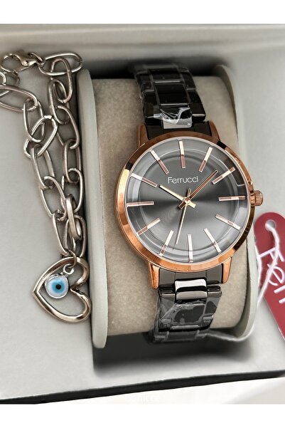 Ferrucci Marka Gümüş Renk Çelik Kordon, Şık Tasarım Kadın Kol Saati + Bileklik