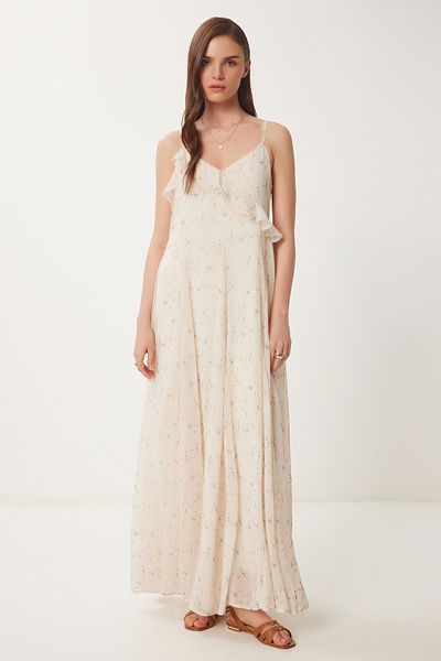Lovelyİstanbul Premium Floral Flounces Καλοκαιρινό Φόρεμα Σιφόν ΑΝΟΙΧΤΗ ΚΡΕΜΑ LNS0030