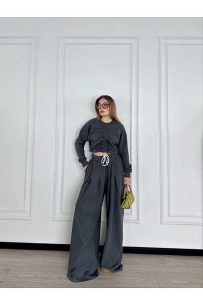 nedo7 Long Sleeve Front Drawstring Crop and Trousers Double Set - Anthracite