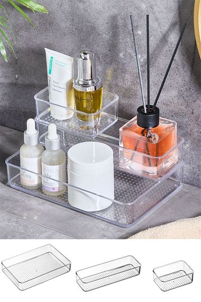 Bayev Set de 3 organizatoare transparente pentru sertar Leo - Organizatorul de machiaj pentru bijuterii cosmetice poate fi plasat unul pe altul