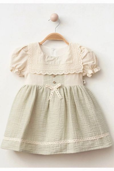 AyCaTa Baby Girl Guipure Button Detailed Linen Collar Muslin Dress