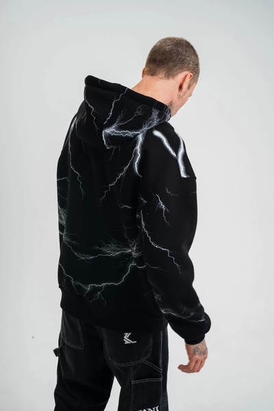 MODA Double Oversize Hooded Lightning Board Printed Sweatshirt - Black