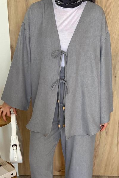 lamelif Front Double Lacing Detailed Kimono Hijab Suit Gray
