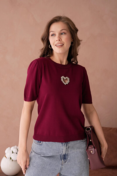 Park Karon Short Sleeve Mercerized Sweater with Stone Accessory Detail