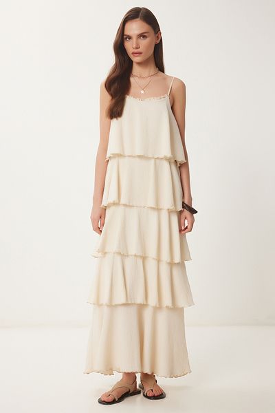 Lovelyİstanbul Layered Summer Long Linen Dress Cream Lns0040