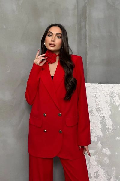 buqre's moda Women's Two-Piece Blazer Jacket Pants Suit Accessories Rose and Button Detail Loose Wide Leg
