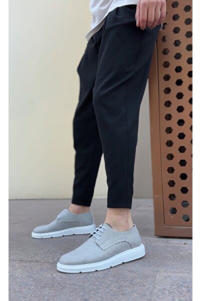 pabucmarketi Lace-Up Casual Men's Shoes Gray Linen (White Sole)