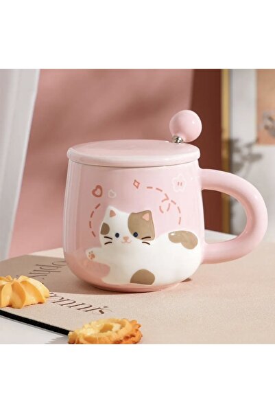 PUFO Happy Kitty ceramic mug with lid and spoon for coffee or tea, 350 ml, pink