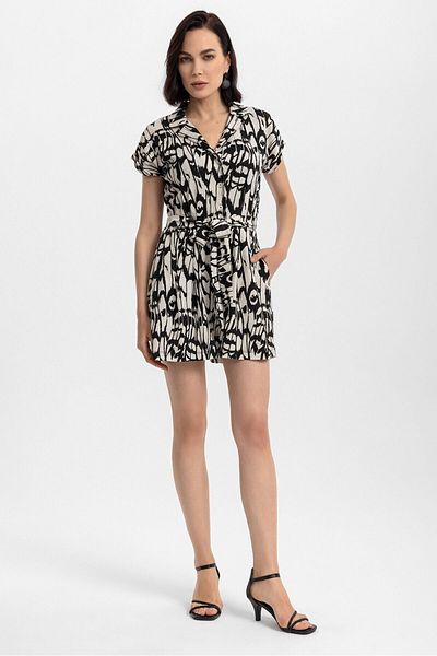 Evermade Abstract Patterned Belted Short Shorts Jumpsuit
