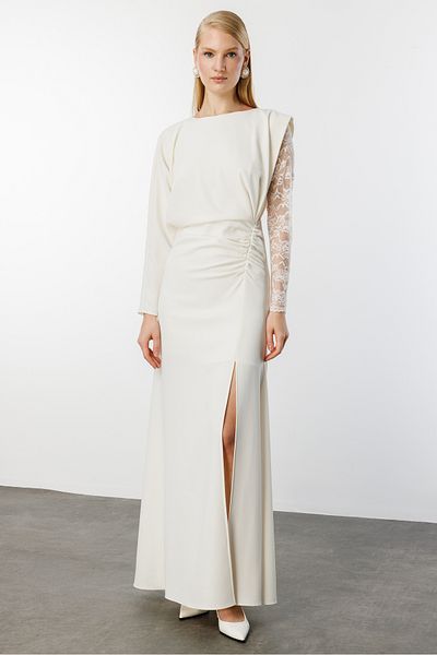 Nefeli Lace Sleeve Crepe Slit Dress