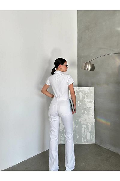 Coral Zippered Collar Jumpsuit White