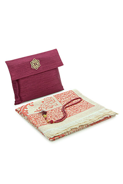 ihvan online طقم سجادة صلاة مع حقيبة هدايا، مسبحة، محفظة مهر، أحمر كلاريت