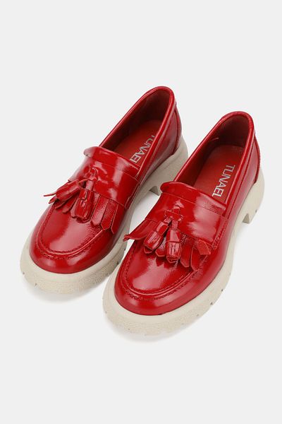 TUNAELLİ Women's Red Patent Leather Genuine Natural Leather Number 36-41 Tassel Loafer Shoes