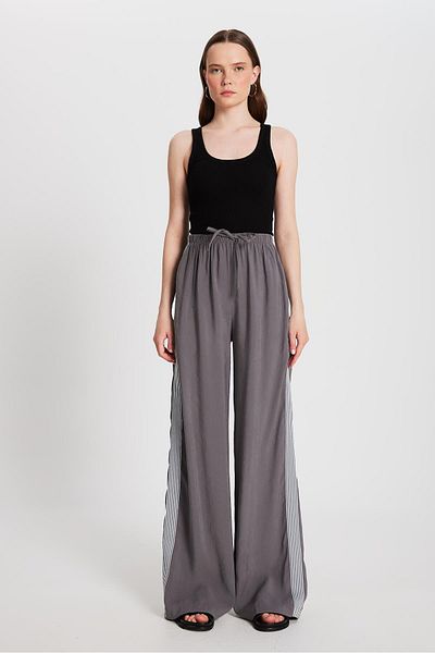 minaaise Women's Anthracite 100% Modal Loose Cut Side Striped Trousers 29139