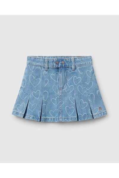 United Colors of Benetton Kız Çocuk Denim Taş Yıkama Pileli Denim Etek