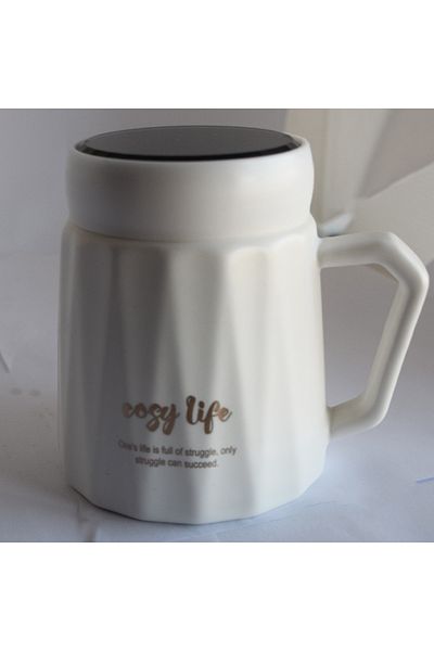 PUFO Cană ceramică Grateful cu capac pentru cafea sau ceai, 350 ml, albă