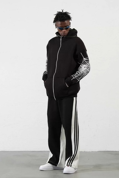 SuQ Three thread b Printed zipper k Hooded cardigan - black