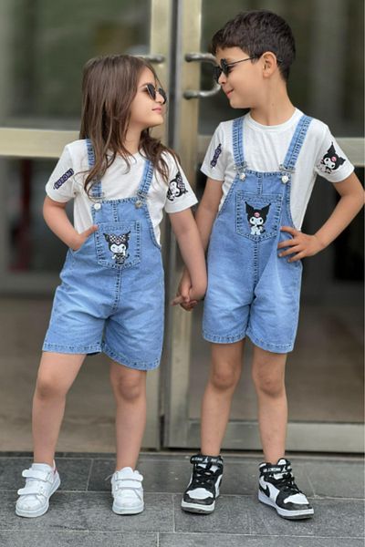 BEREKET BABY Unisex Stitch Embroidered Sister Combination – Girls & Boys Overalls Set (2-5 Years)
