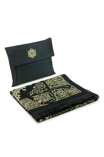 ihvanonline Gift Slub Bag, Prayer Beads, Dowry Prayer Rug Set Black