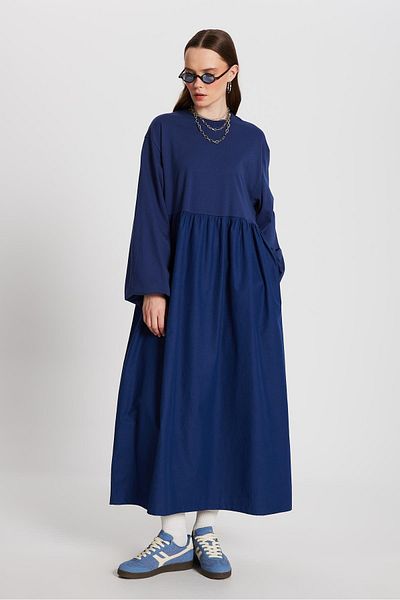 minaaise Indigo Top Combed Six Woven Oversize Long Sleeve Long Dress 28169