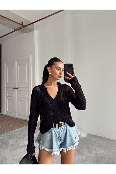 mydukkan.co Tricotaj Sara Polo Guler Ajurat Negru