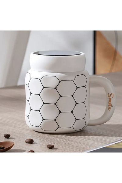 PUFO Cană ceramică Simply Smile cu capac pentru cafea sau ceai, 400 ml, albă