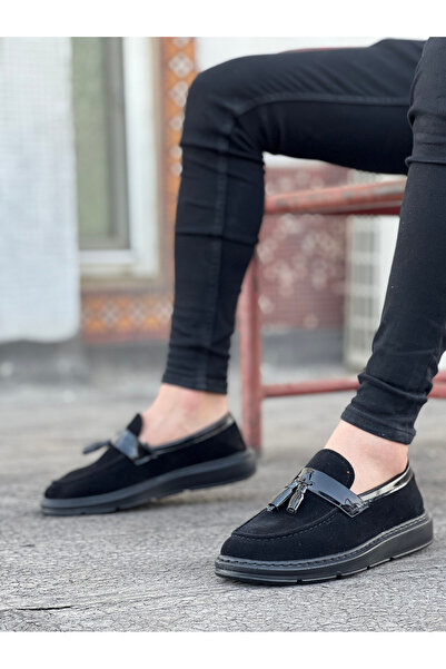 pabucmarketi Laceless Tasseled Men's Shoes Black Suede (Black Sole)