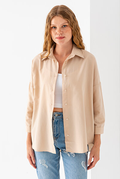 GİYSA Női bézs hosszú ujjú Basic pamut oversize ing - 3900