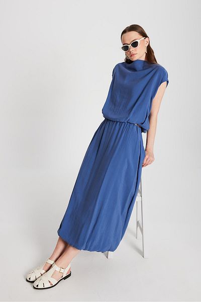 minaaise Women's Indigo Modal Fabric Bottom/Top Blouse and Skirt Balloon Suit 29237