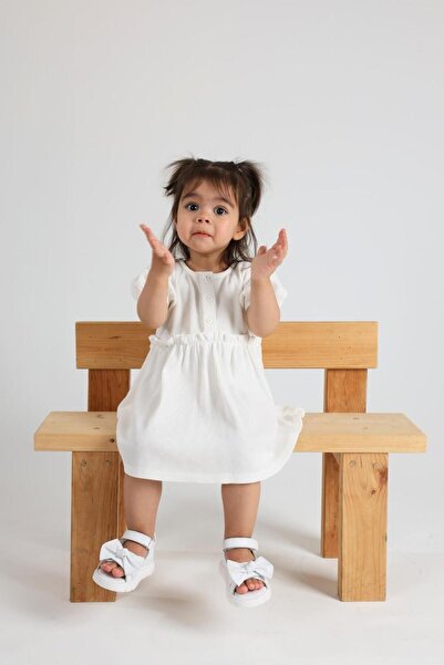 kids A more Katty Genuine Leather Baby Girl Sandals - White with Double Velcro and Bow Detail