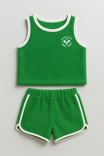 LUESS Boy's Towel Tennis Embroidered Top and Bottom Set - Green (3-4 Years Old, 8-9 Years Old)