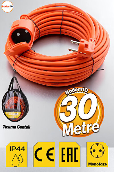 Badem10 Uzatma Kablosu 30 Metre 3x2.5 Mm Ev Tipi Topraklı Cca Kablolu Tekli Grup Fiş Priz Kapaklı Monofaze