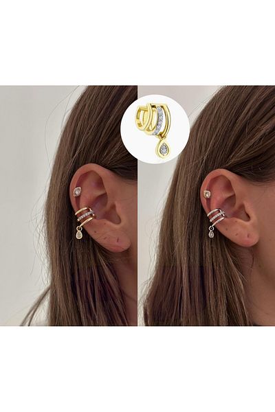 Liora Gold Earcuff Cartilage Stone 3 Piece Earrings
