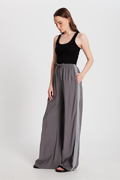 minaaise Women's Anthracite 100% Modal Loose Cut Side Striped Trousers 29139