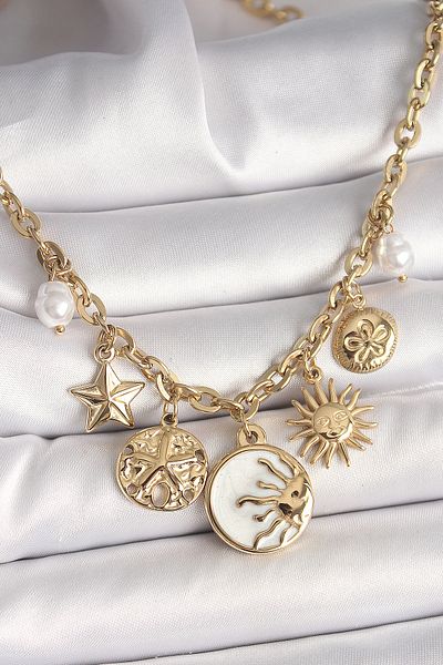 Skygo 316L Steel Gold Color White Enamel Sunset Figure Star Sun Detail Women's Necklace - Tj-Bko9912