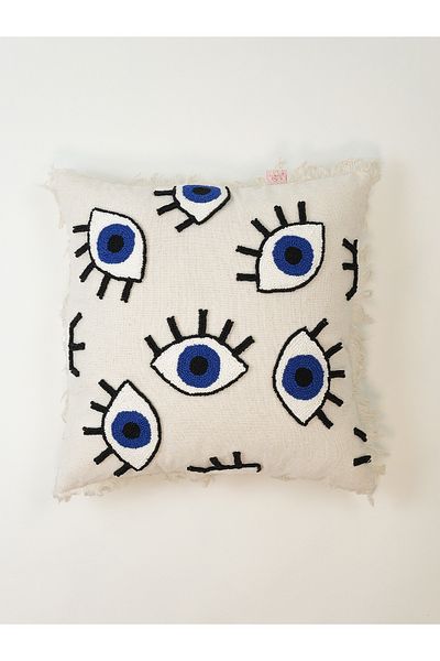 Galia Tasarım Πλυμένο λινό Bohemian Eye Figured Tassel Punch Throw Μαξιλαροθήκη