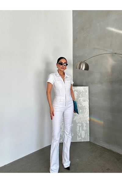 Coral Zippered Collar Jumpsuit White
