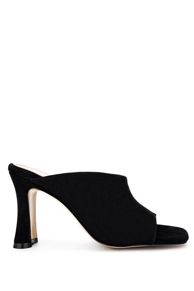 Tamer Tanca Women's Genuine Leather Black Suede Heeled Slippers