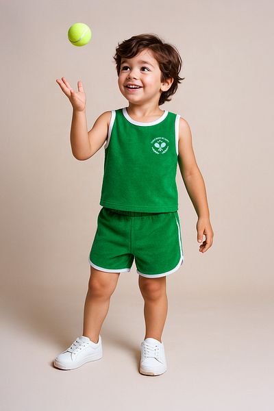 LUESS Boy's Towel Tennis Embroidered Top and Bottom Set - Green (3-4 Years Old, 8-9 Years Old)