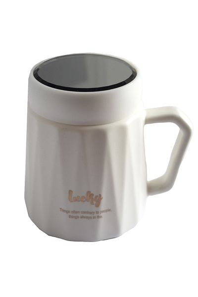 PUFO Cană ceramică Inspire cu capac pentru cafea sau ceai, 350 ml, albă