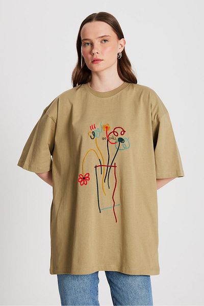 minaaise Tricou cu broderie supradimensionat, verde mucegai, pentru femei 29161