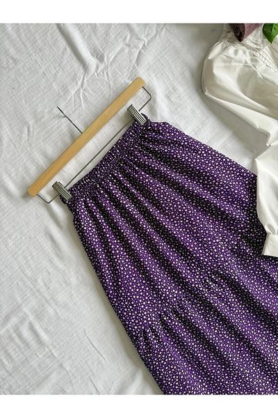 Namaste Vintage Purple Small Floral Long Viscose Skirt with Elastic Waist (S/M/L Size Available)